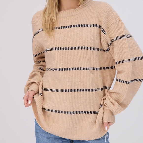 Cozy Knit Sweater with Navy Stripes - Picture 6 of 6